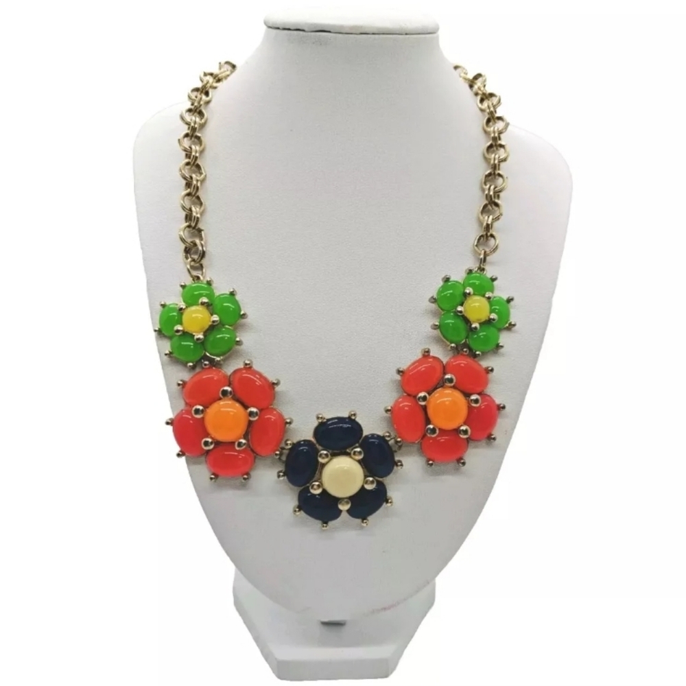 Vintage Women's Necklace Bright Neon Flowers Green Pink Orange Blue Statement